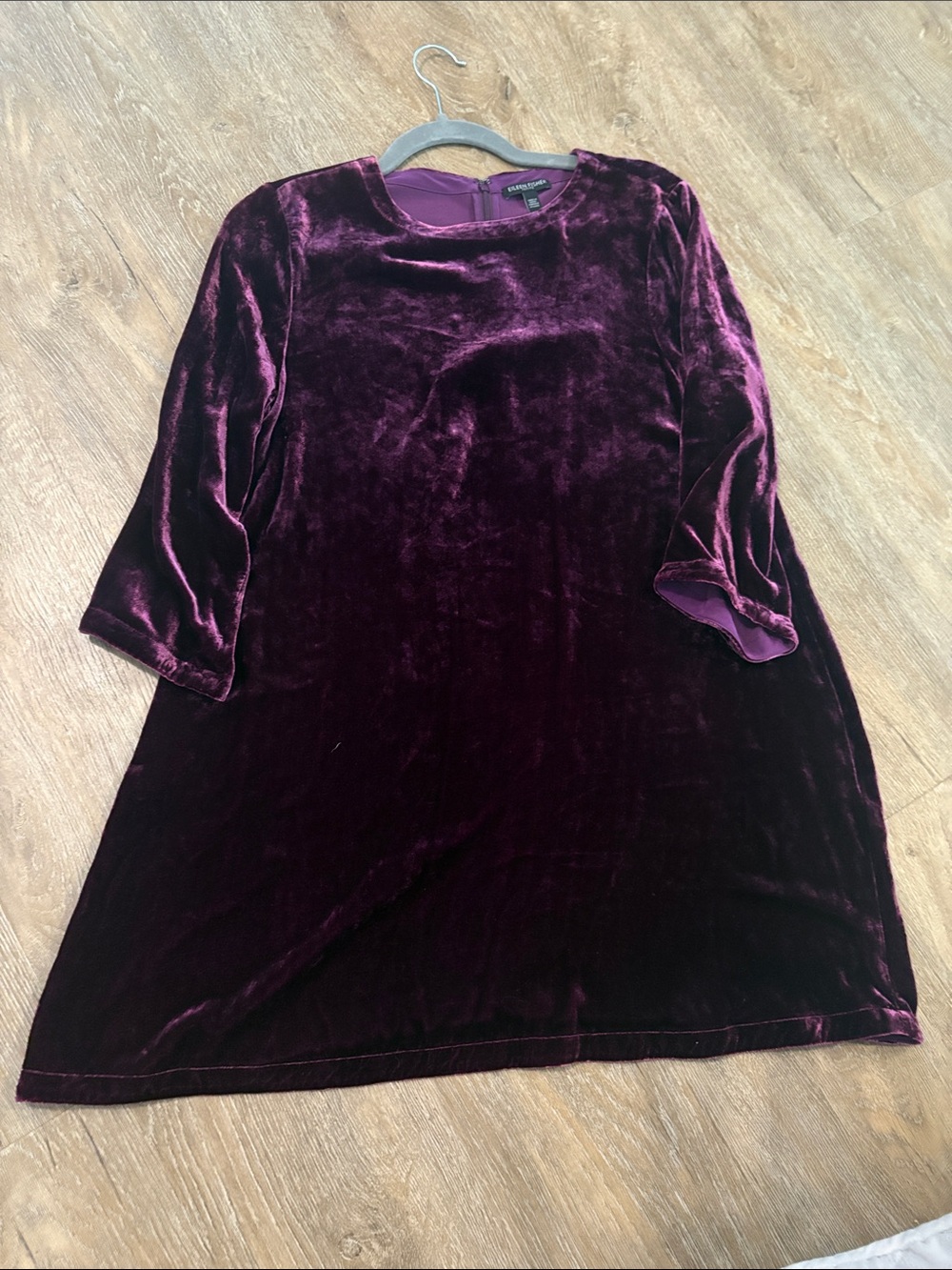Eileen Fisher Velvet Long Sleeve Shift Dress in Plum